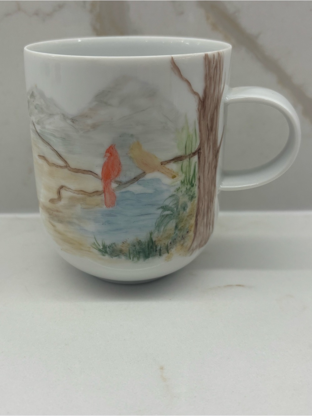 Vintage Rosenthal Porcelain Pair Cardinals Watercolor Landscape Coffee Tea Mug
